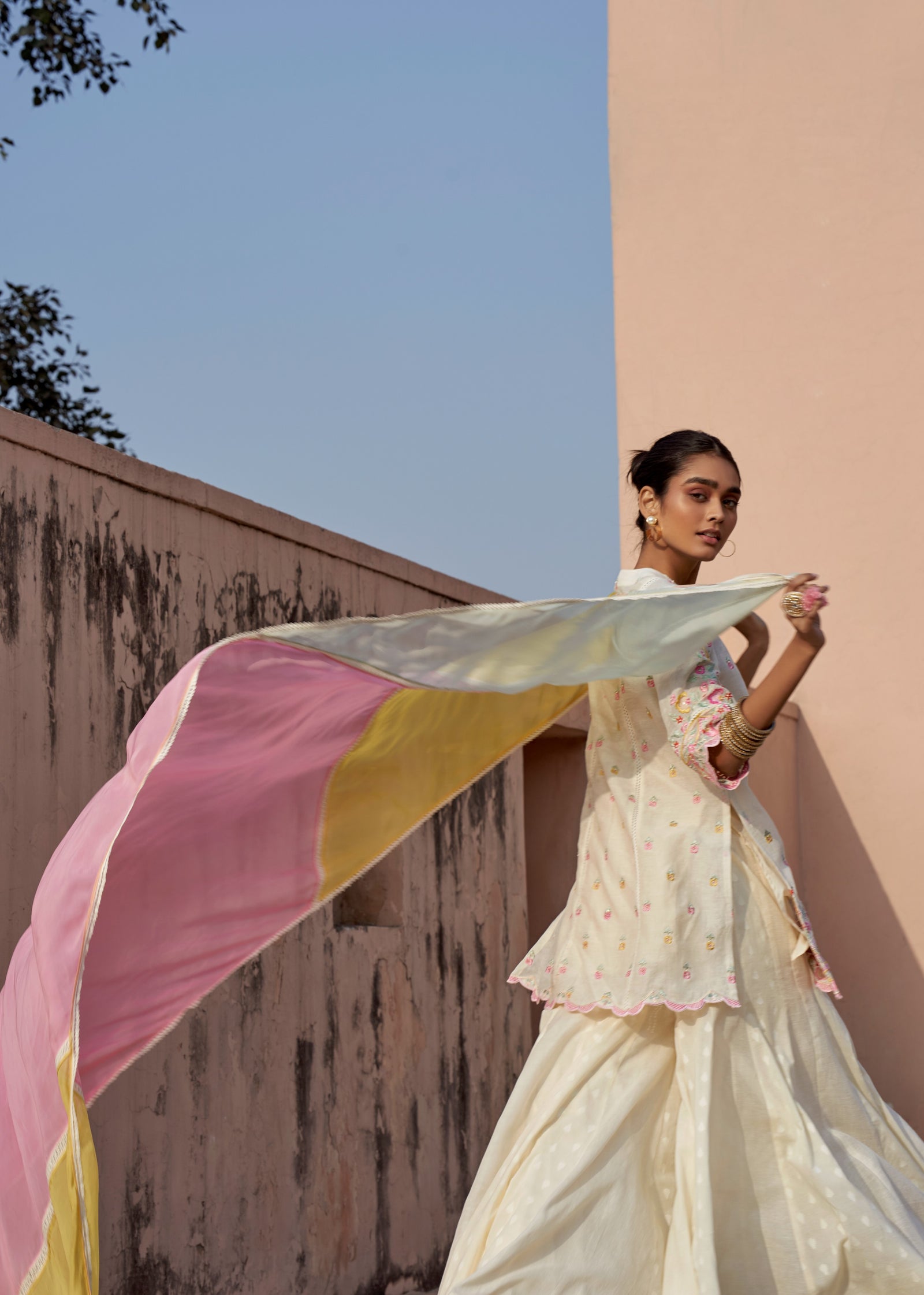Natural Linen Kurta with Jacquard Sharara