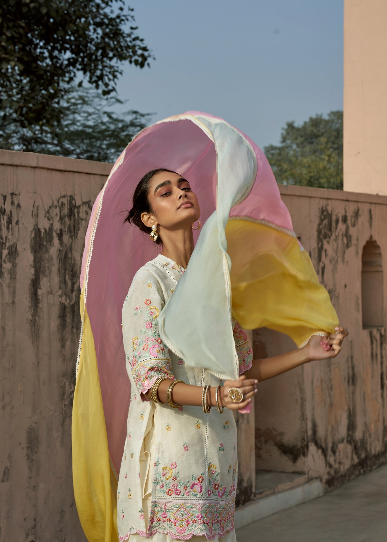 Natural Linen Kurta with Jacquard Sharara
