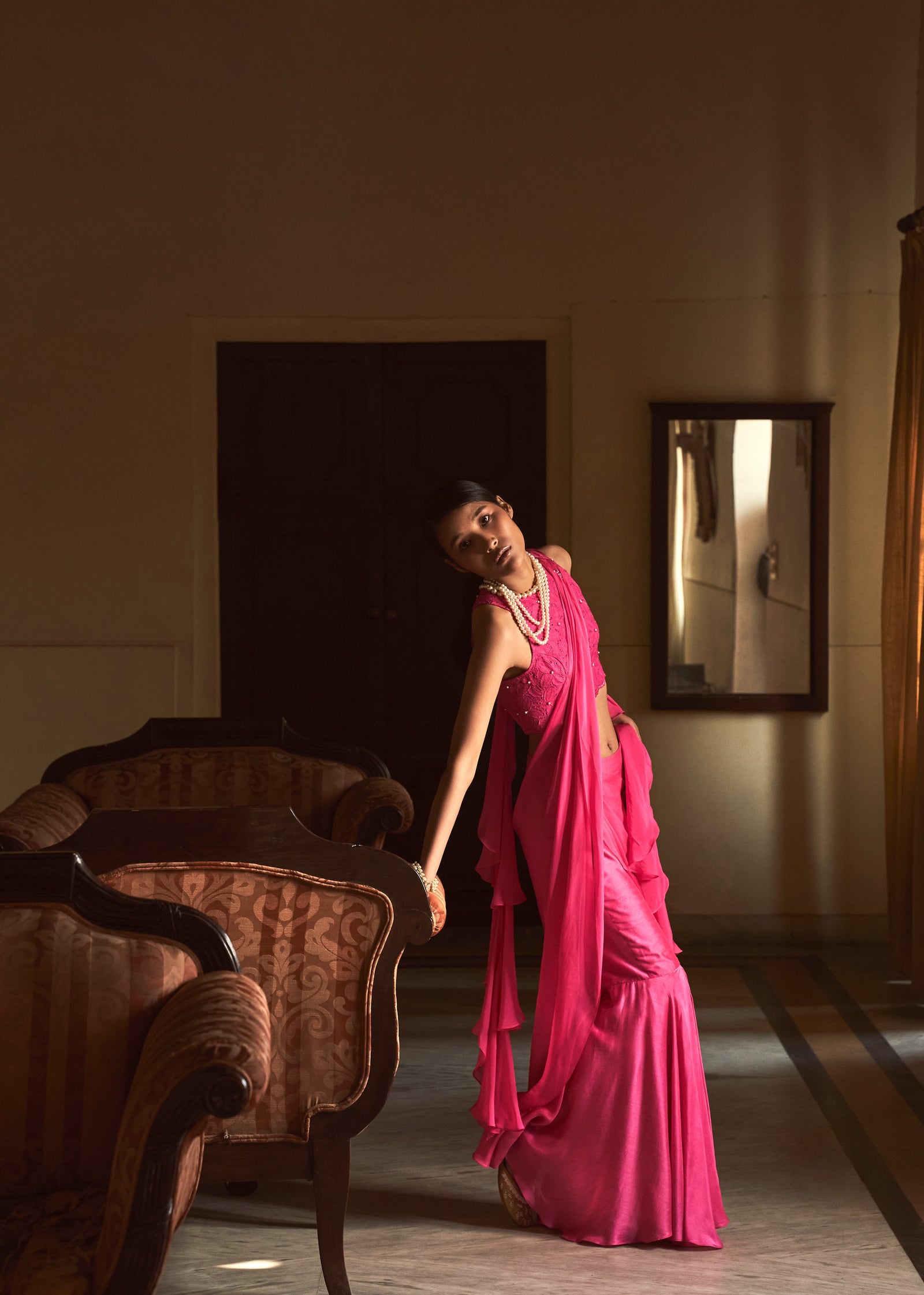Hot Pink Organza Halter Neck schiffli embroidery Top & Sharara Set
