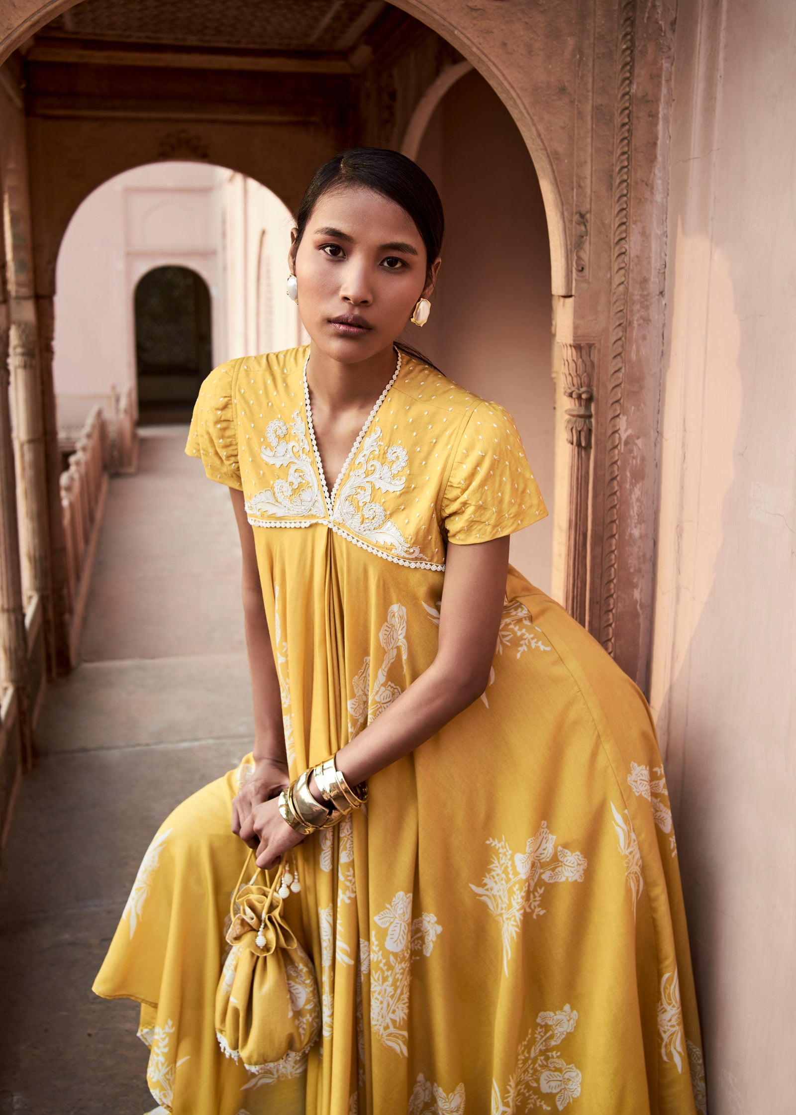 Floral Embroidered Yellow Kurta with Ivory Straight Pants