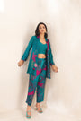 Teal Blue Multicolored Abstract Print With Sequins Viscose 3 Piece Co-ord Set With Camisole