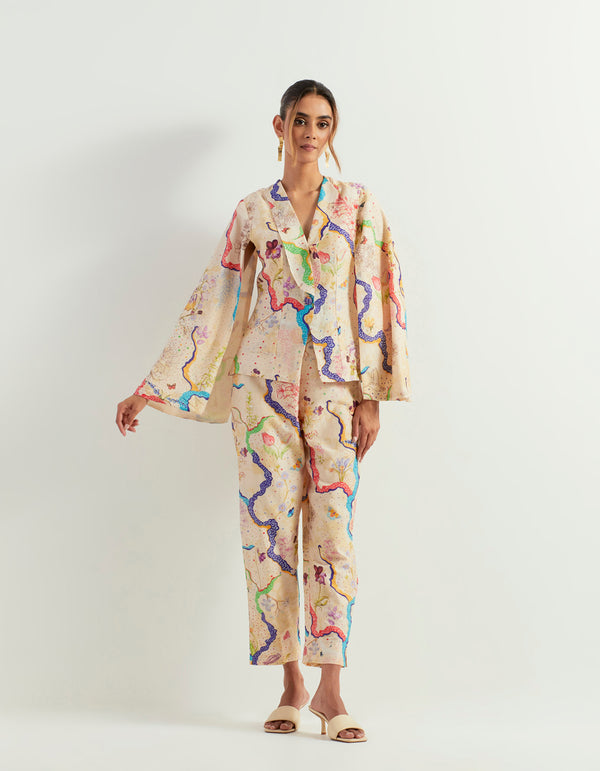 Eclectic chanderi silk printed jacket and pants