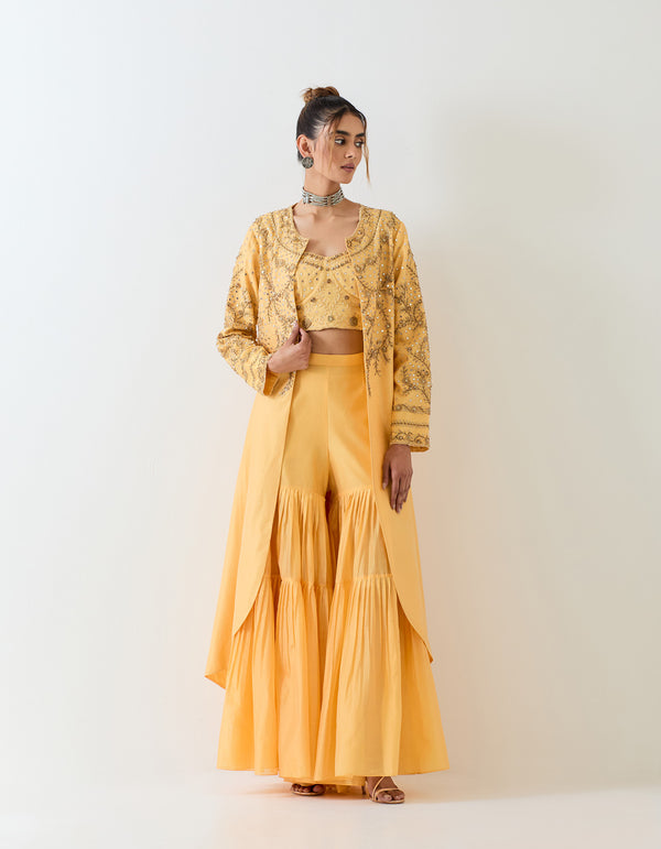 Chanderi silk long jacket and stretch bustier paired with pleated pants