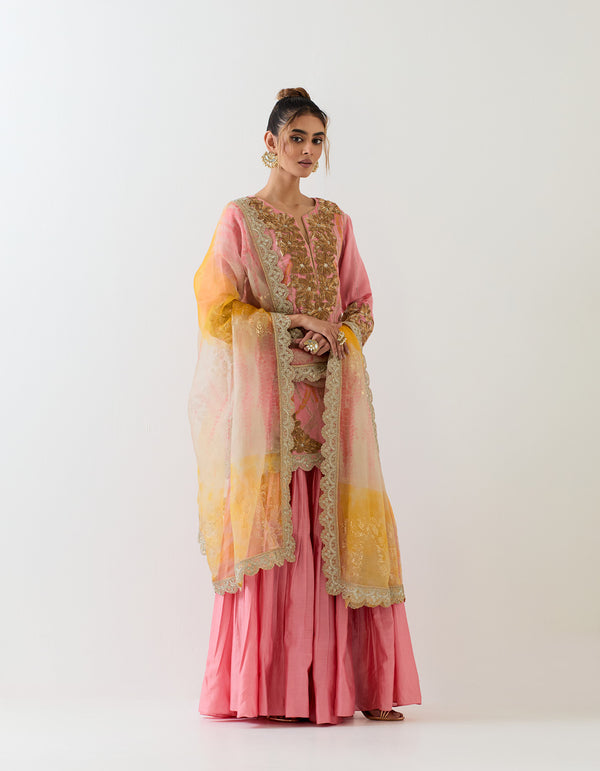 Chanderi silk embroidered kurti top paired with pleated sharara and organza tie dye dupatta