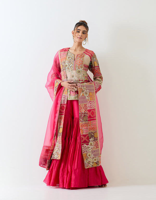 Patch work kurti and dupatta paired with pleated chanderi silk sharara