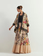 Organza botanical printed skirt paired with stretch inner and chanderi silk cape