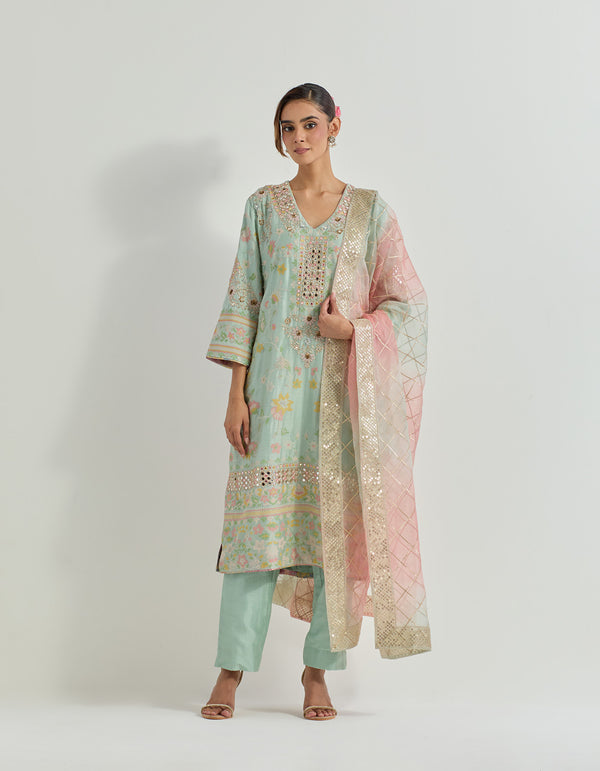 Sage  cross stitch and mirror work embellished long kurta set with organza tie dye dupatta with gota work