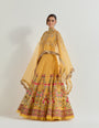 Hand emebllished dupatta cape paired with cross stitch embroidered skirt with frill detail at the hem