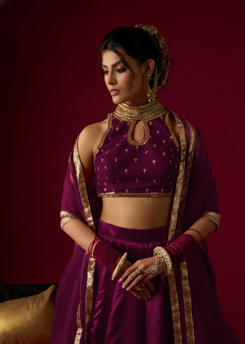 Brinjal Violet Russian Silk Satin Lehenga with Velvet Blouse Set