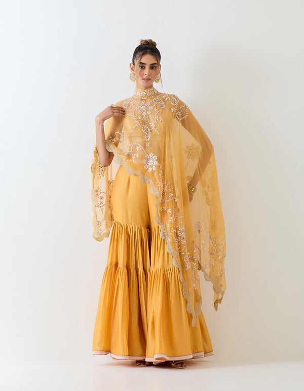 Organza asymetric cape embellished with m.o.p paired with pleated chanderi sharara and stretch inner