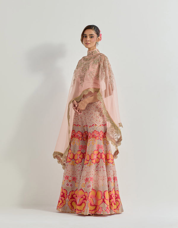 Hand emebllished high low cape paired with cross stitch embroidered sharara in peony motifs