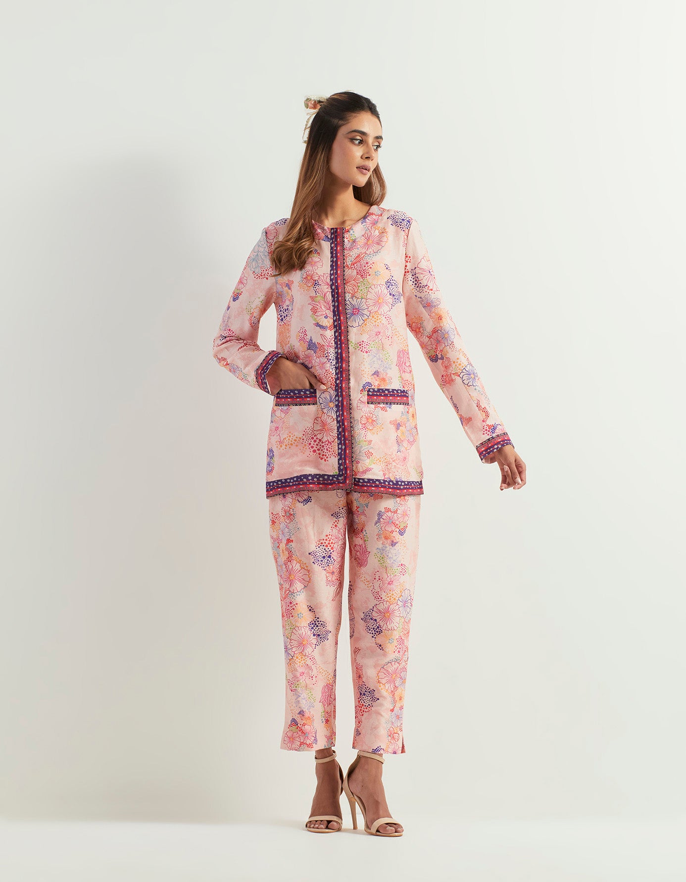 Chanderi silk long jacket paired with chanderi silk pants