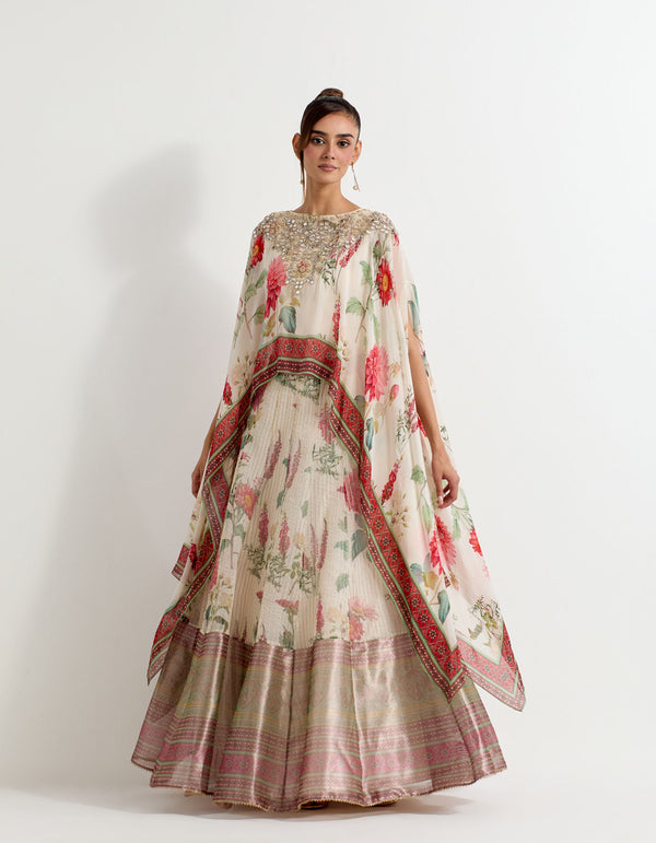 Daisy printed organza skirt with tissue border paired with georgette dupatta cape in mirror embroidery