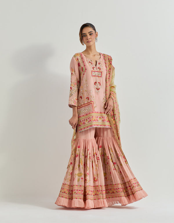 Tissue chanderi kurti and sharara in cross stitch and mirror work embroidery paired with organza silk embroidered dupatta