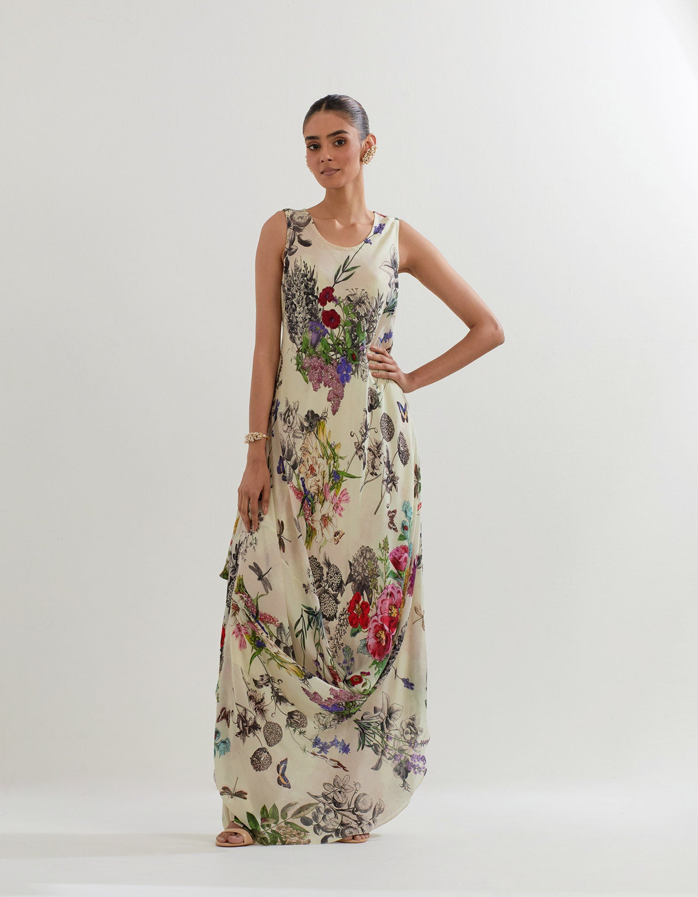 Botanical printed cowl dress in crepe