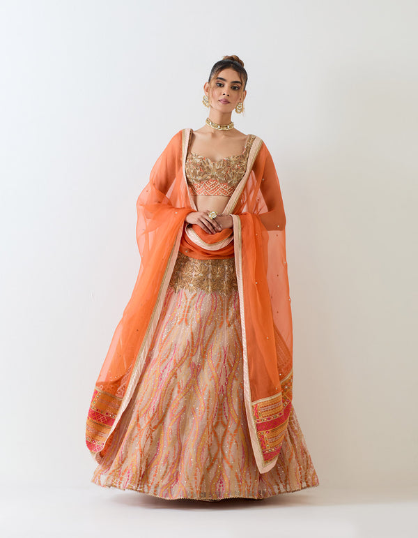 Organza silk lehnga set in gota, mirror and cross stitch embroidery