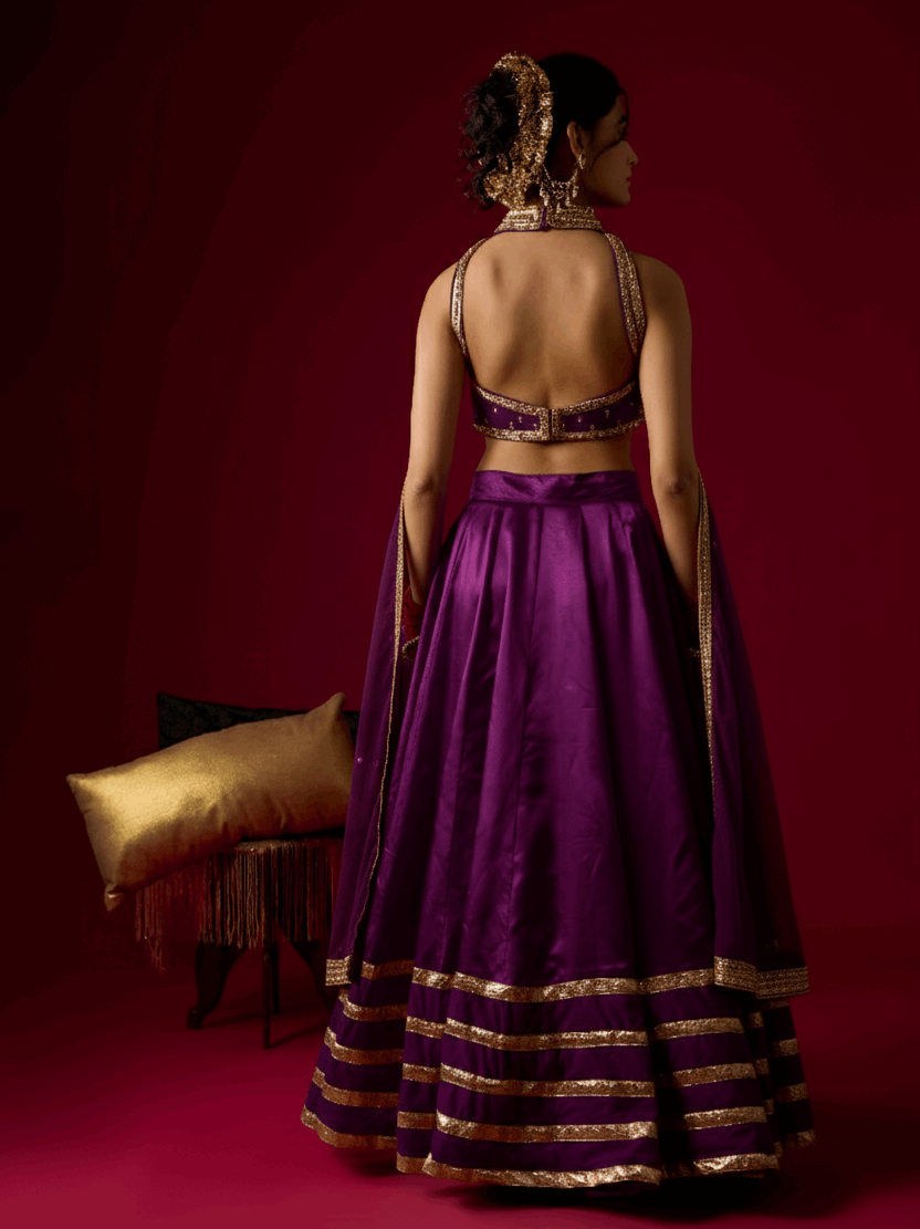Brinjal Violet Russian Silk Satin Lehenga with Velvet Blouse Set