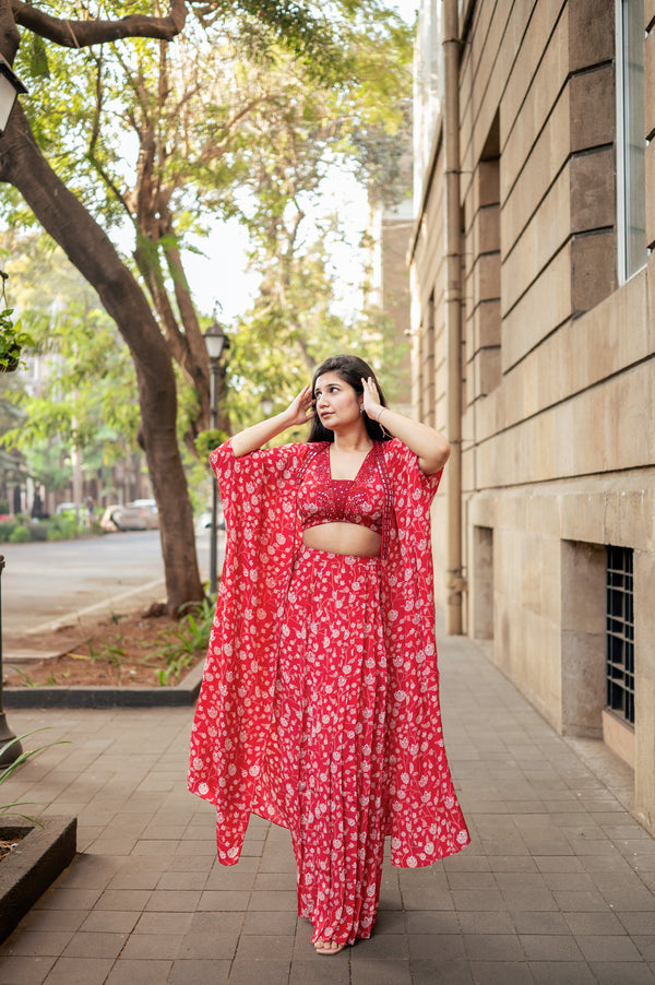 Red Floral Cape Set