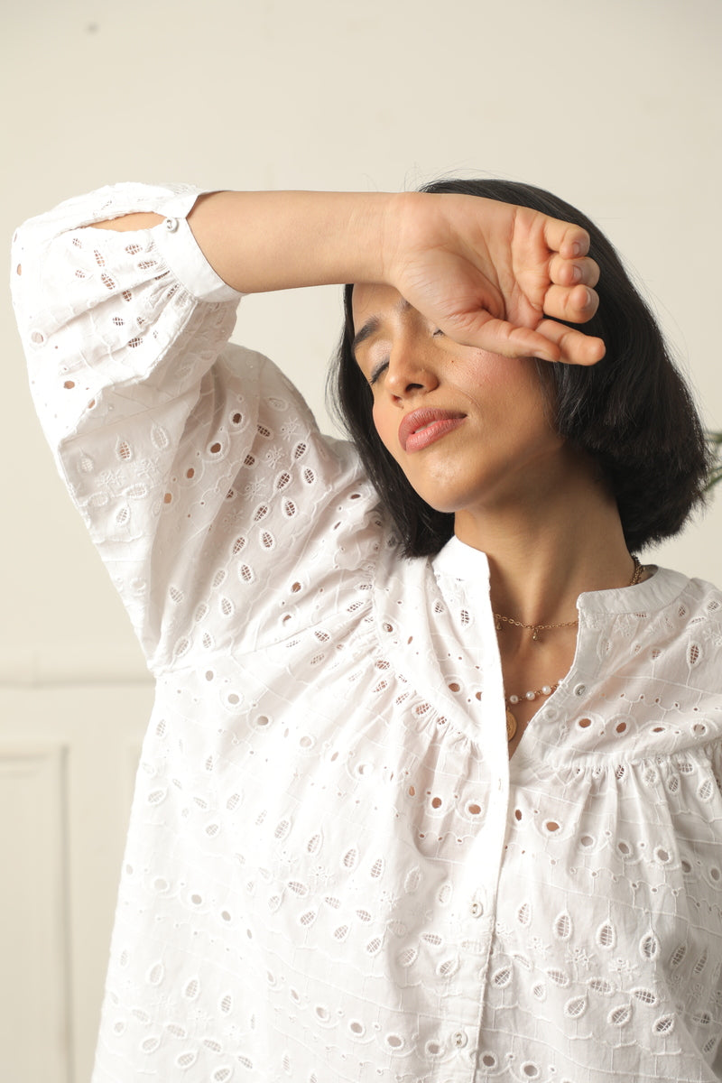 Our Eyelet Embroidery Top With Gathered Sleeves