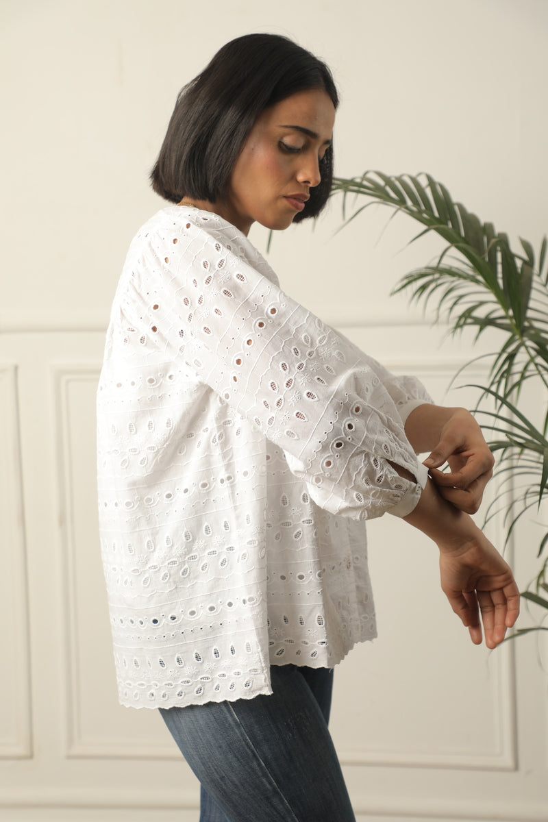 Our Eyelet Embroidery Top With Gathered Sleeves