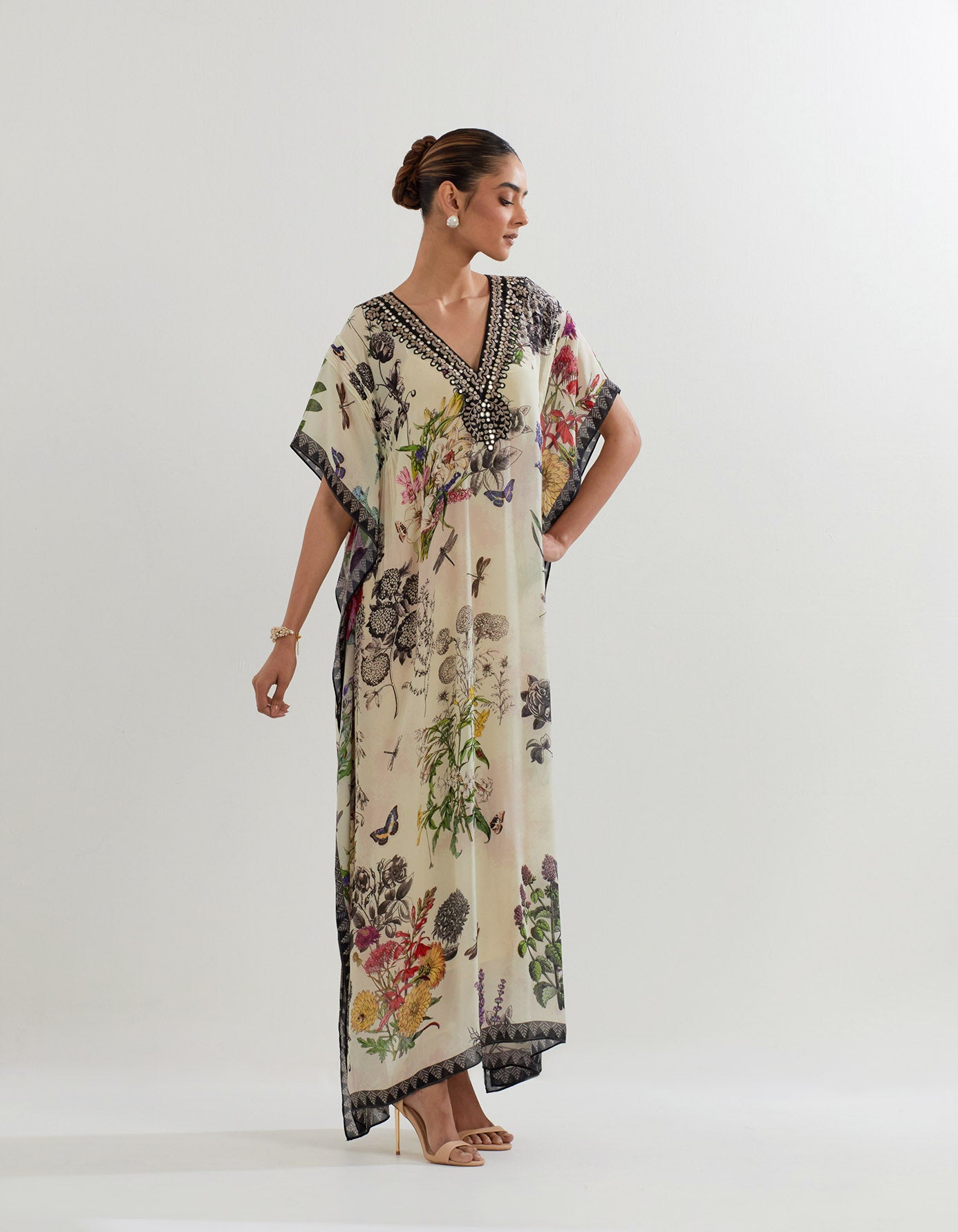 Botanical printed georgette kaftan with exquisite embroidered detail