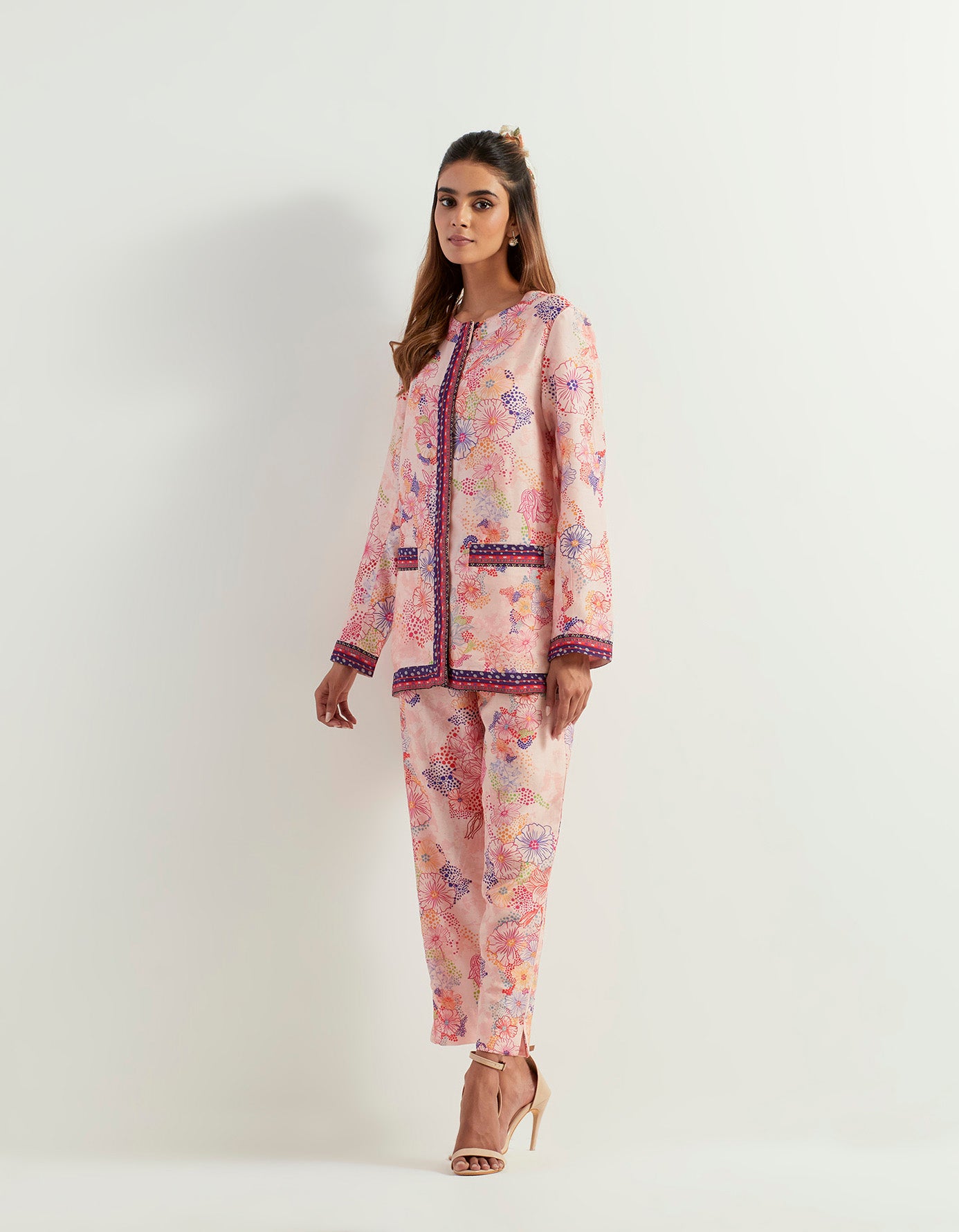 Chanderi silk long jacket paired with chanderi silk pants