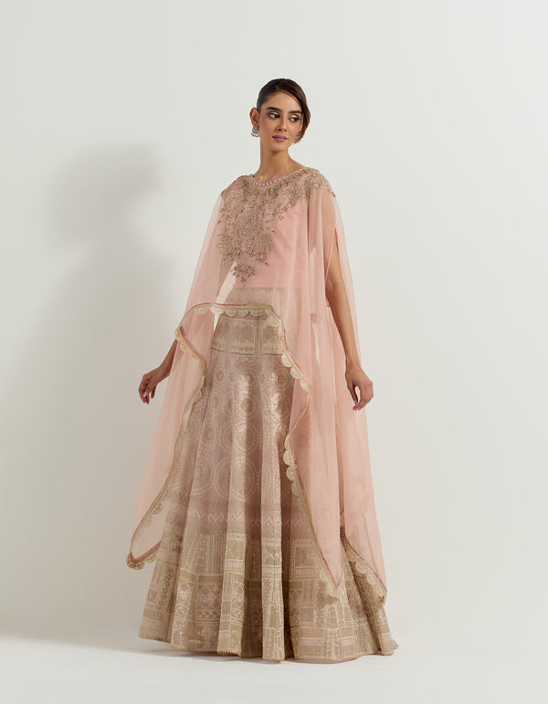 Hand embellished dupatta cape paired with blush pink tissue  skirt in bandhini motifs