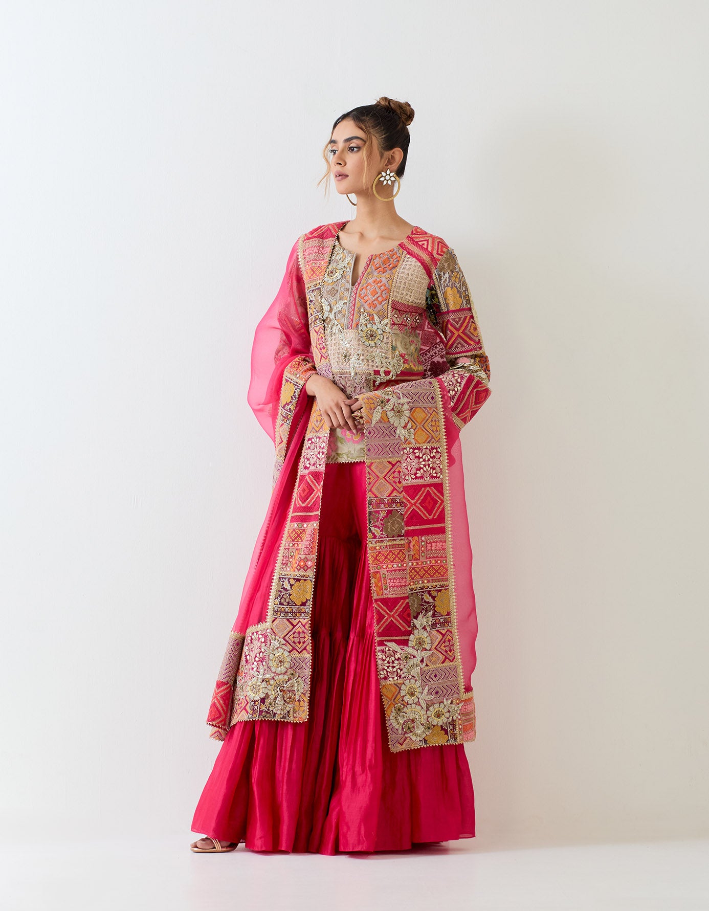 Patch work kurti and dupatta paired with pleated chanderi silk sharara