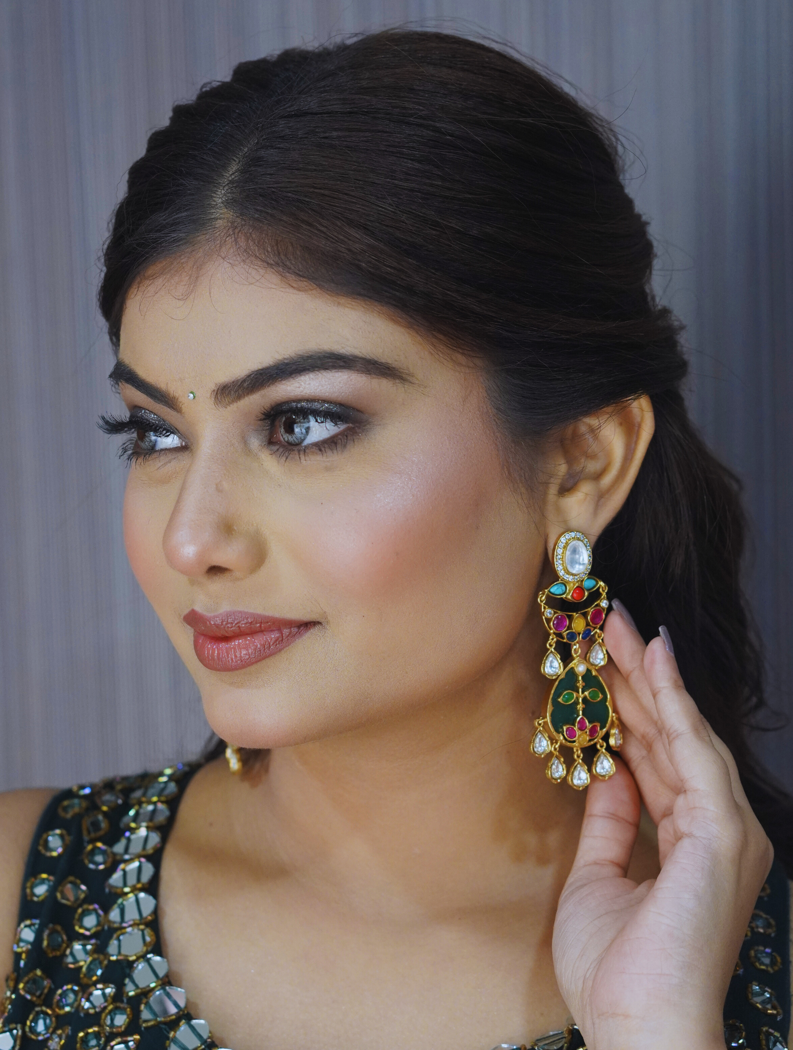 Moissanite Glass Navratna Earrings