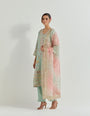 Sage  cross stitch and mirror work embellished long kurta set with organza tie dye dupatta with gota work