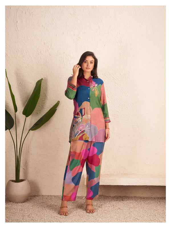 Kaftanize Multicolored Floral Sequins Viscose 3 Piece Co-ord Set With Camisole