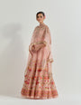 Hand emebllished dupatta cape paired with cross stitch embroidered skirt with frill detail at the hem