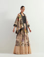 Organza botanical printed skirt paired with stretch inner and chanderi silk cape