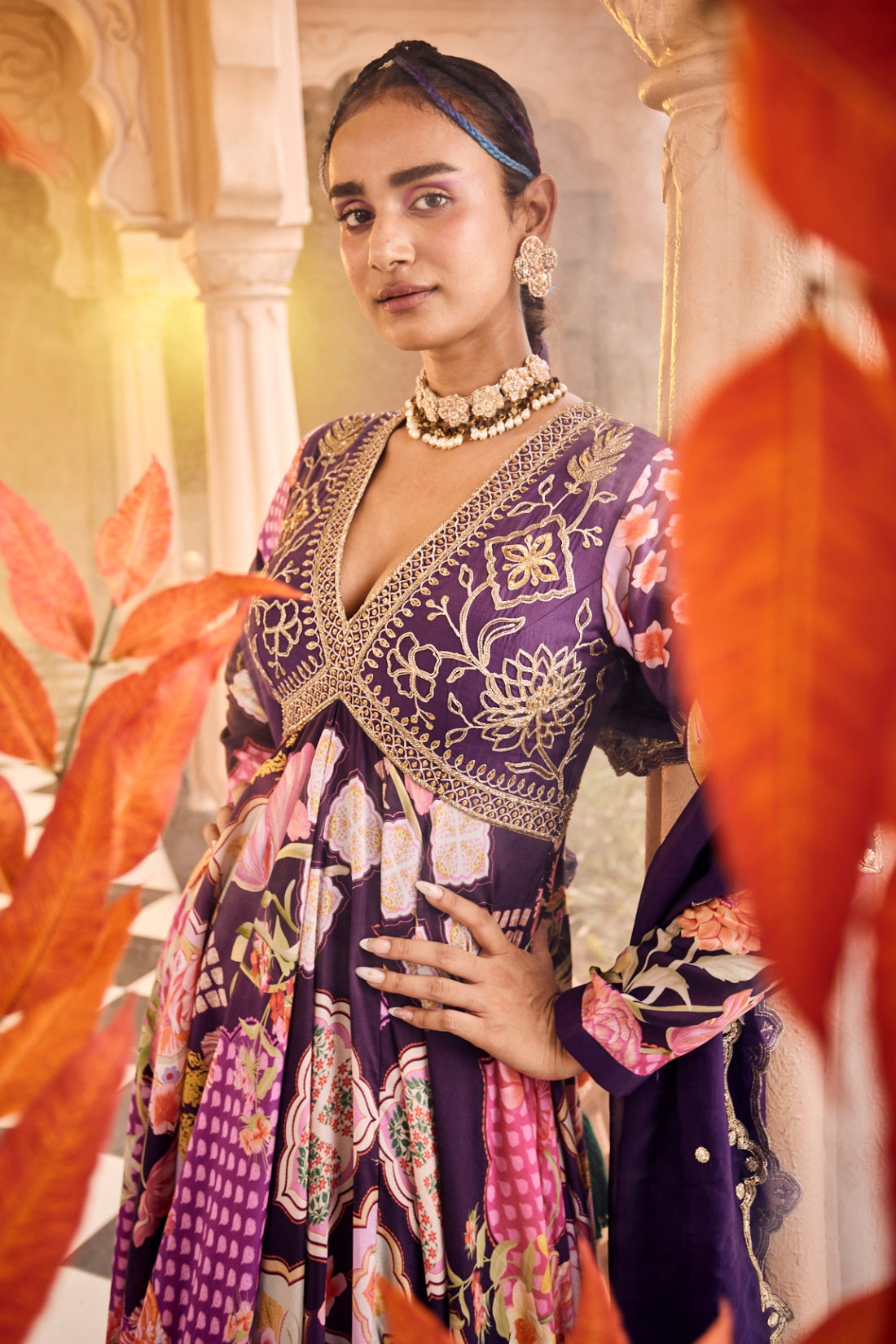 A Purple Multi Print V Neck Anarkali Set