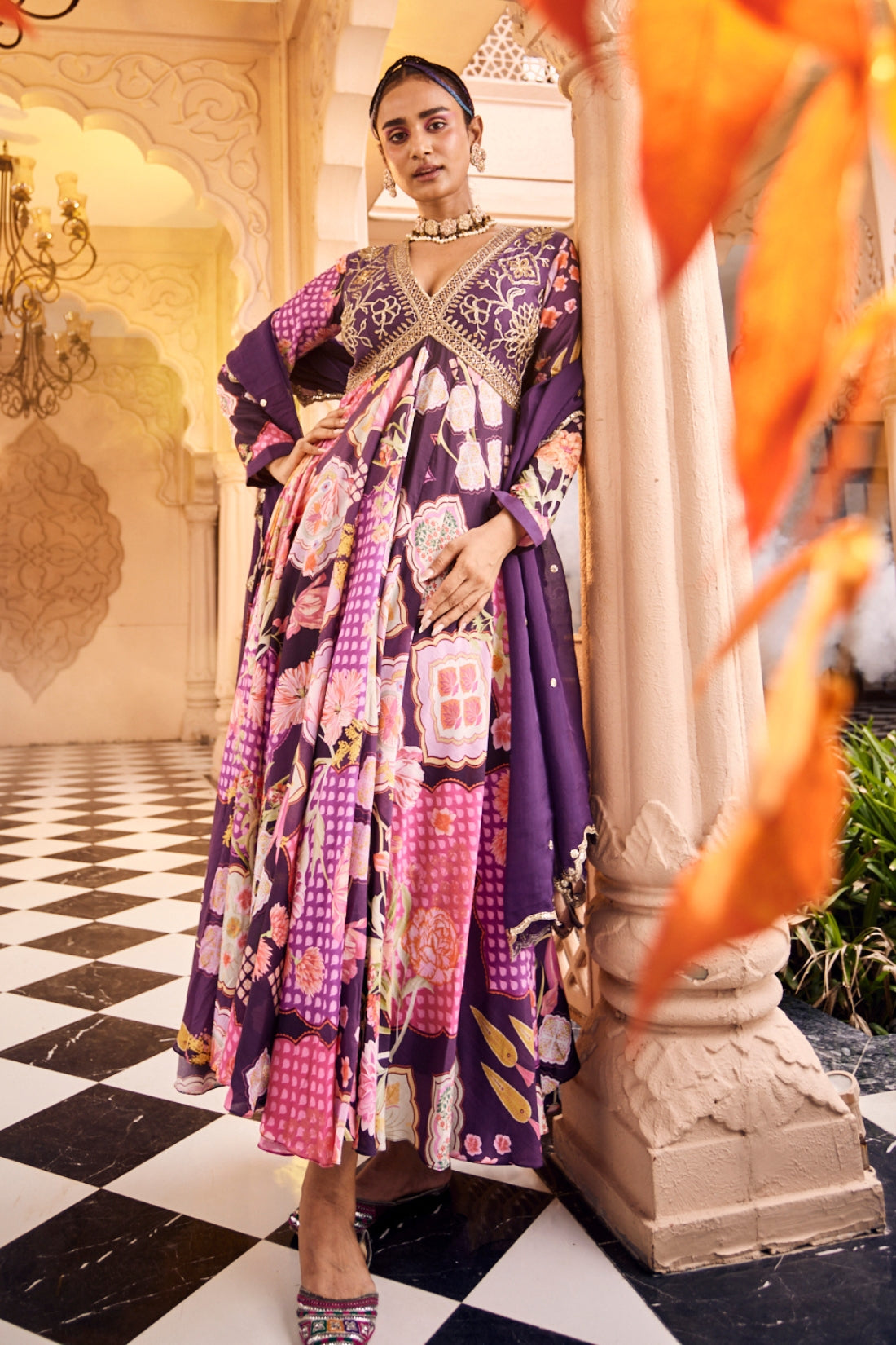 A Purple Multi Print V Neck Anarkali Set
