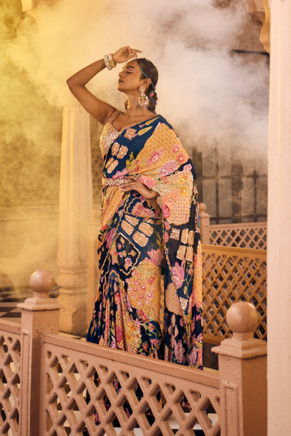 Blue Multi-Print Embroidered Pre-Draped Saree Set