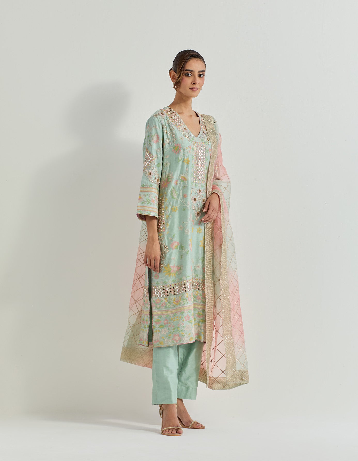 Sage  cross stitch and mirror work embellished long kurta set with organza tie dye dupatta with gota work