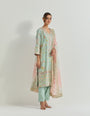 Sage  cross stitch and mirror work embellished long kurta set with organza tie dye dupatta with gota work