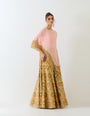 Pale pink muqaish georgette asymetric cape paired with organza cross stitch embroidered sharara pants