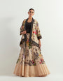 Organza botanical printed skirt paired with stretch inner and chanderi silk cape