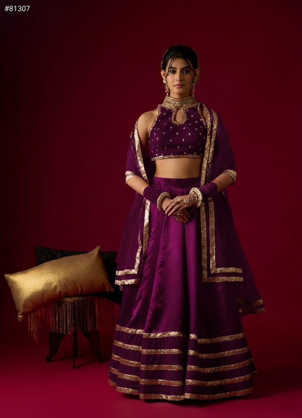 Brinjal Violet Russian Silk Satin Lehenga with Velvet Blouse Set