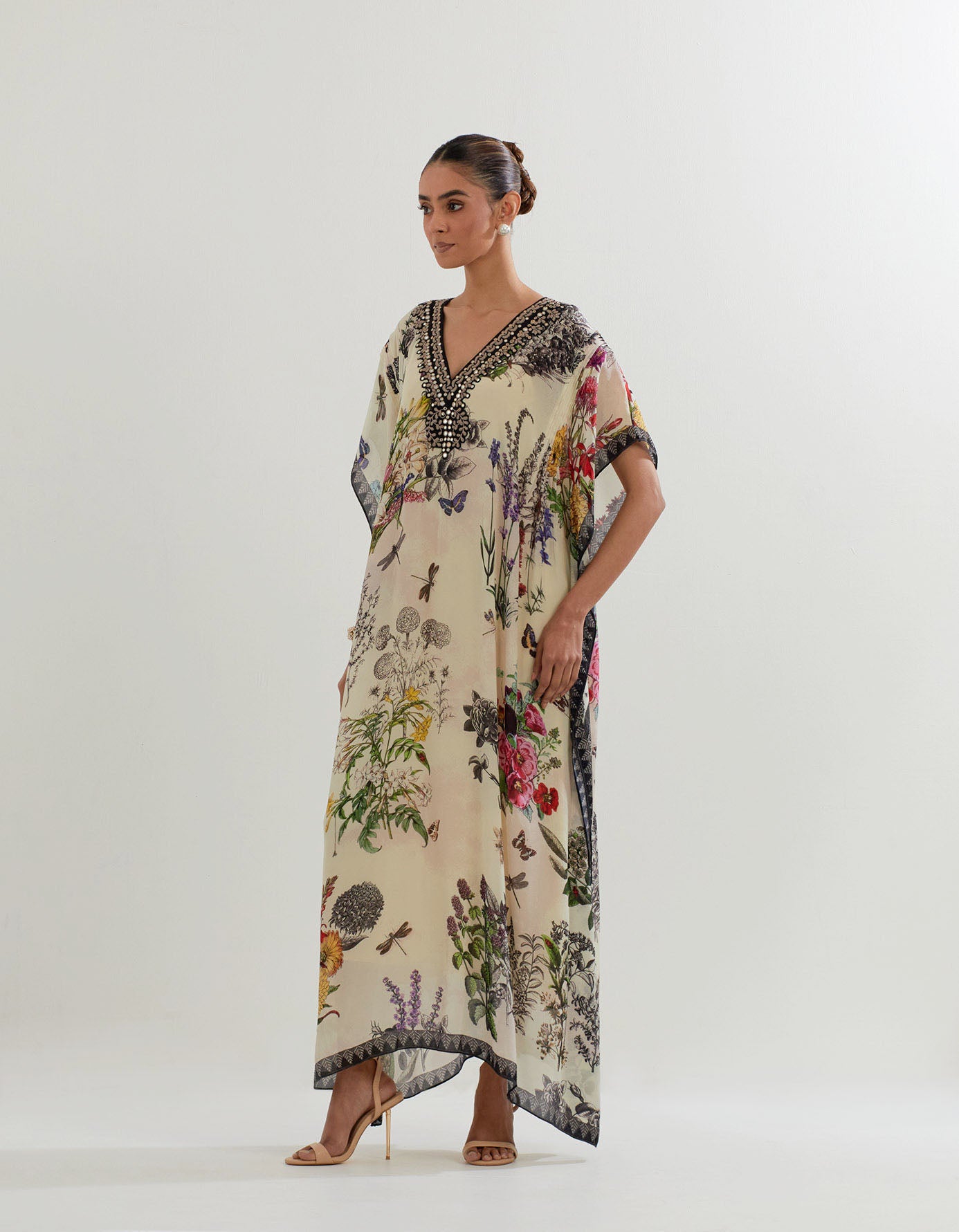 Botanical printed georgette kaftan with exquisite embroidered detail