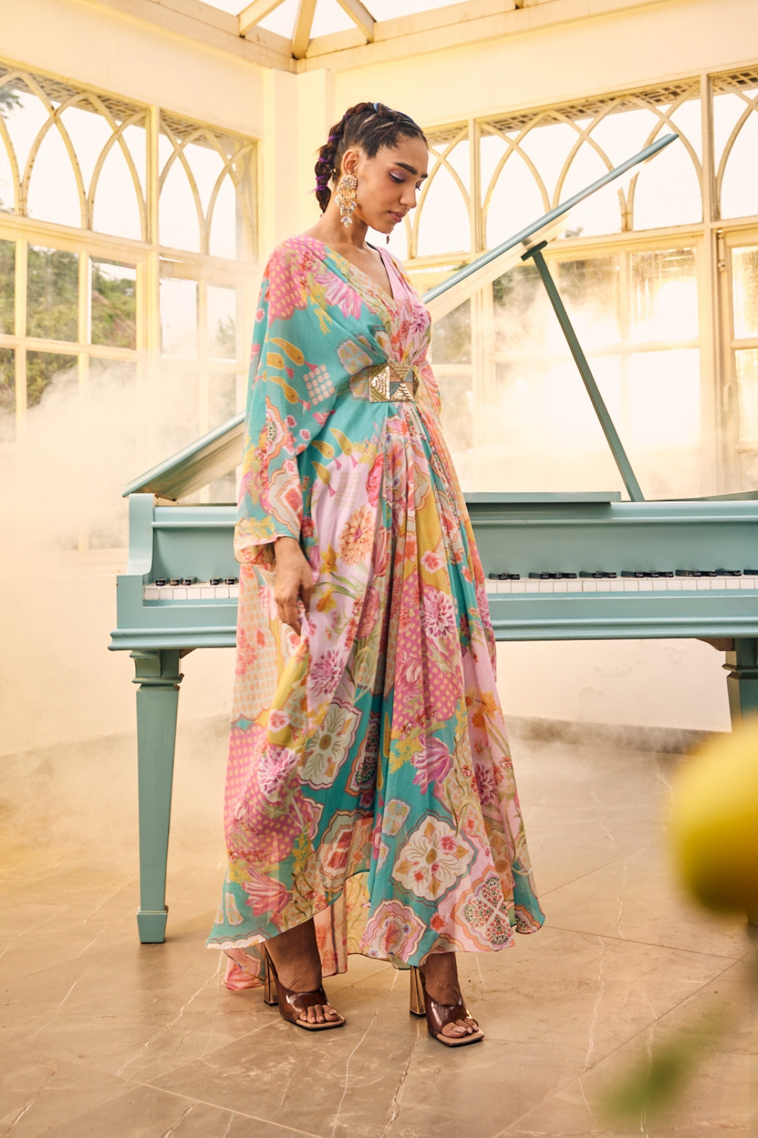 The Ensemble Features A Stunning Turquoise Blue Kaftan Set