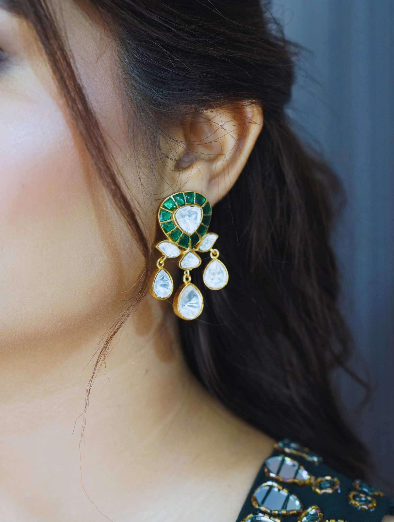 Green Colour Gold Plated Mossainte Earring.