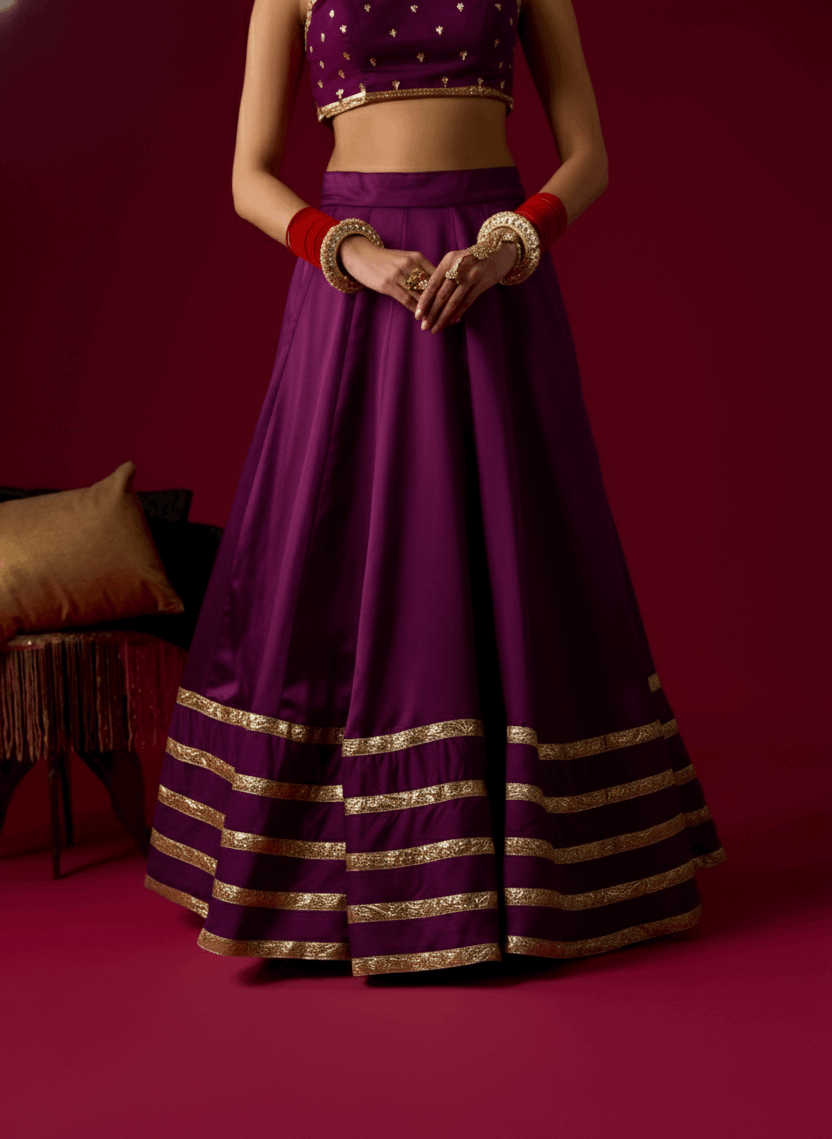 Brinjal Violet Russian Silk Satin Lehenga with Velvet Blouse Set