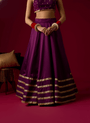 Brinjal Violet Russian Silk Satin Lehenga with Velvet Blouse Set