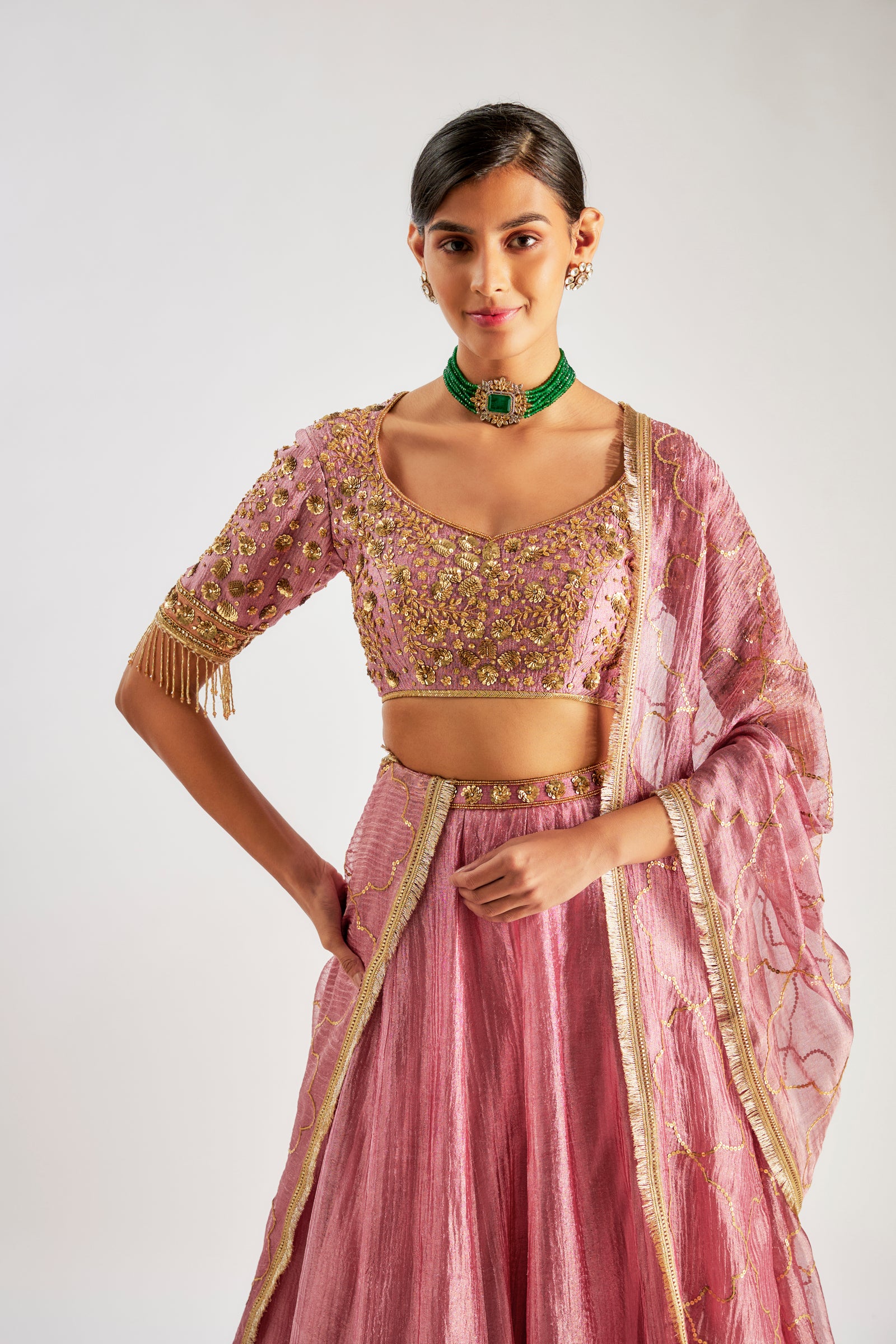 Pink Lehenga In Crushed Silk Tissue Base With Hand Embroidery