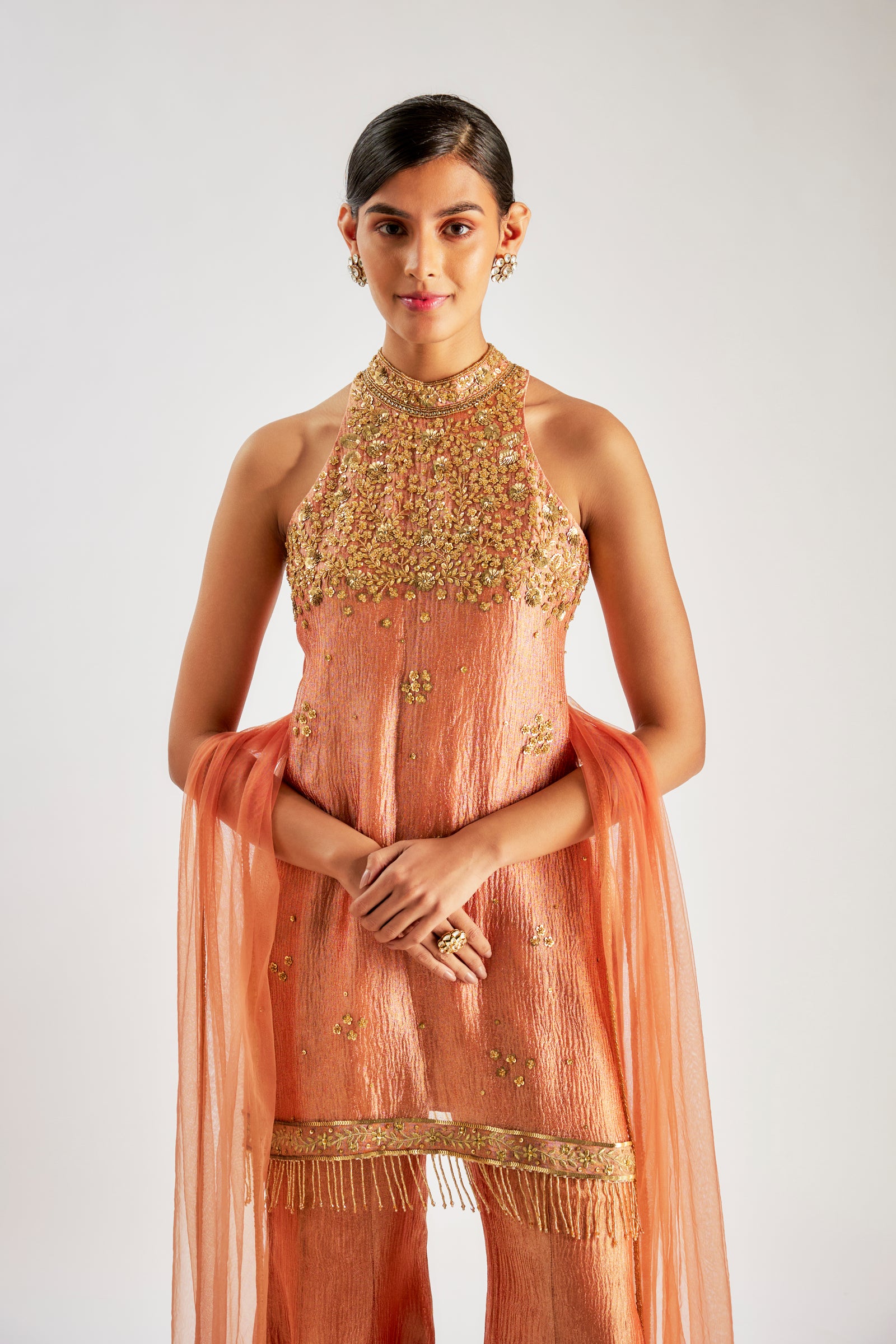 Rust Orange Crushed Tissue Silk Sharara Set