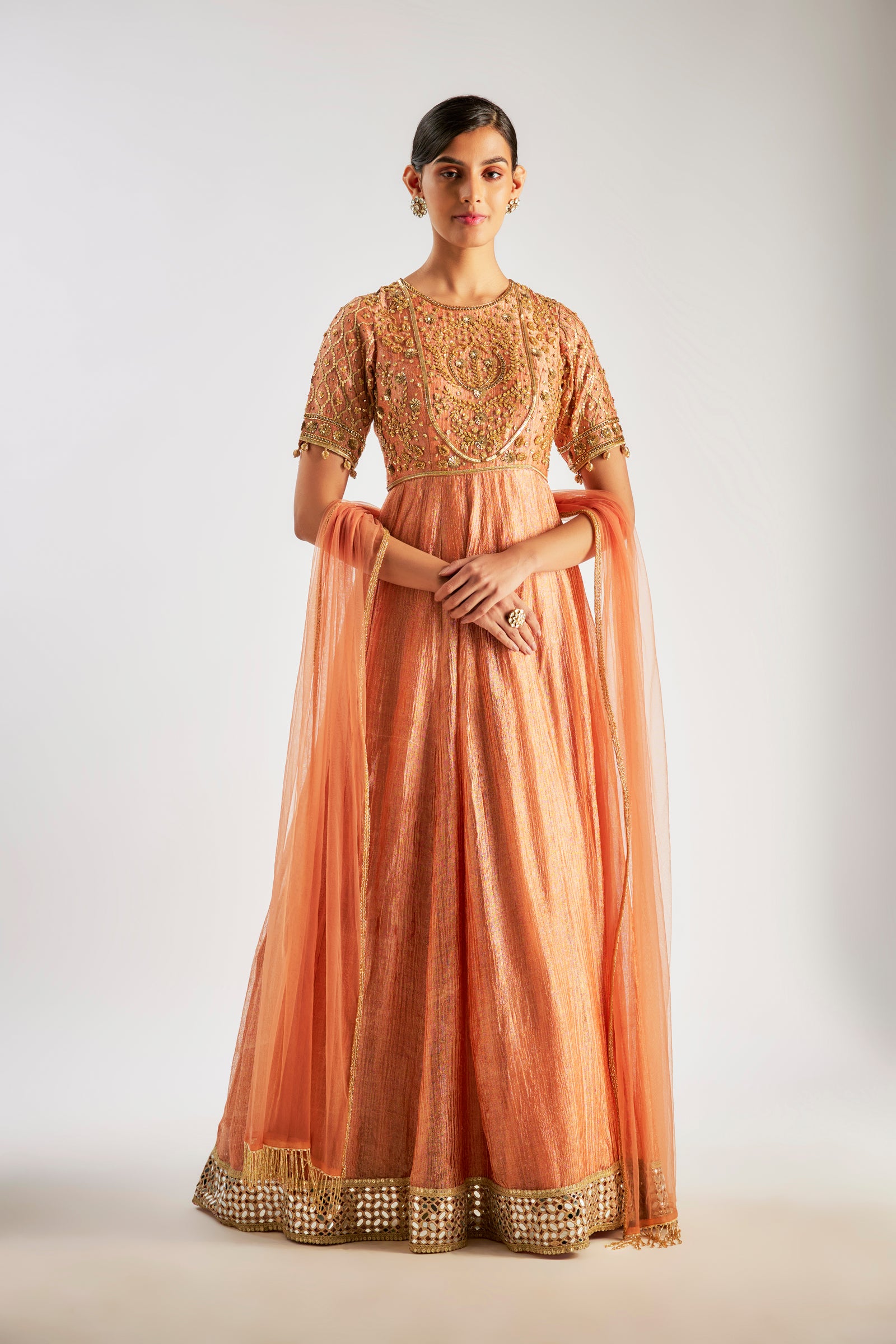 Rust Orange Crushed Tissue Anarkali Features Intricate