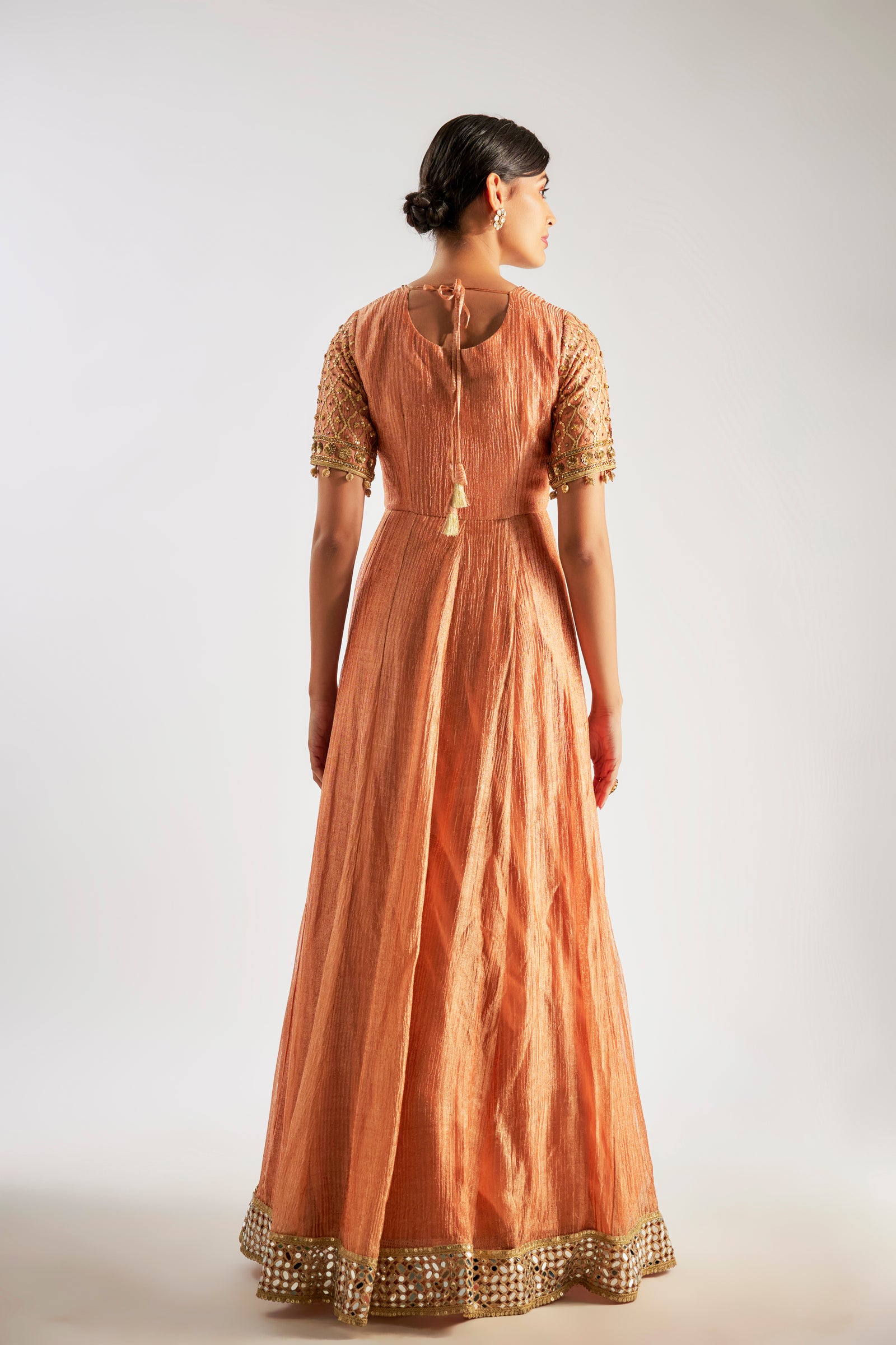 Rust Orange Crushed Tissue Anarkali Features Intricate